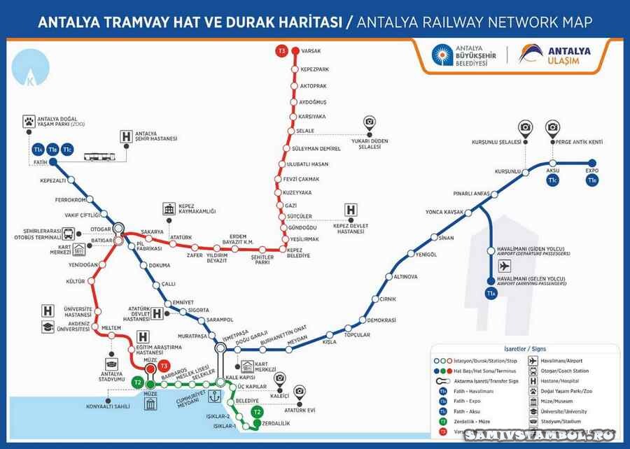 Карта трамвайных маршрутов в Анталии